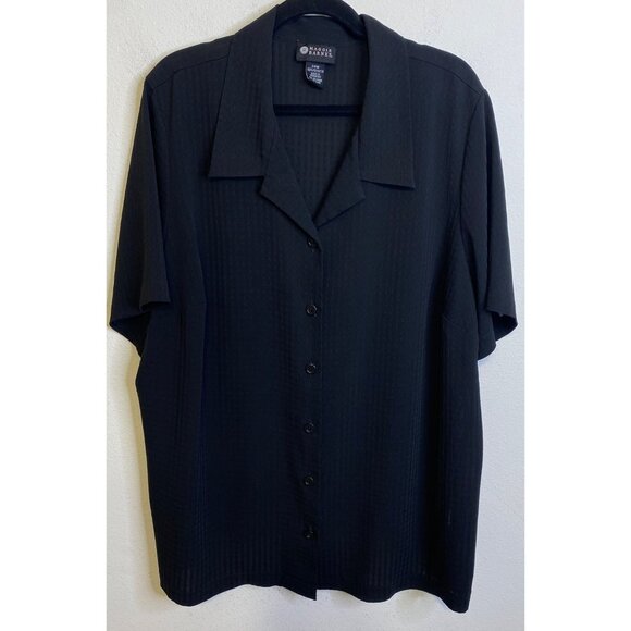MAGGIE BARNES Plus Size 24W Black Button Crinkle Short Sleeve Shirt BLACK - Picture 1 of 3